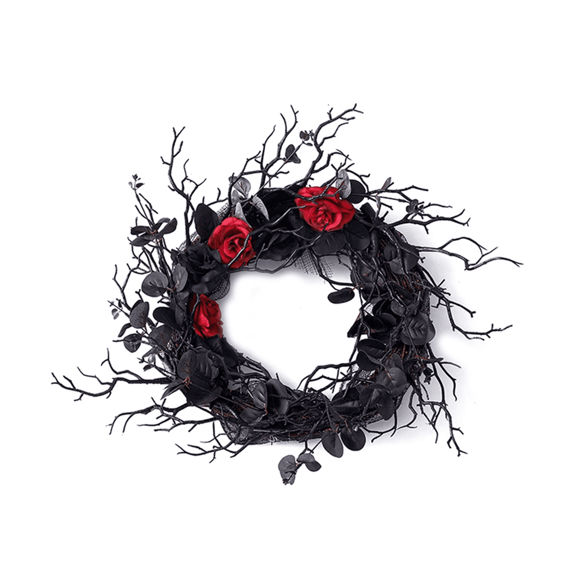 Couronne De Porte Halloween Lumineuse LED - Chat Sorcière Sur Lune Avec Roses - Décoration Festive Couronne Sorcière Lumineuse
