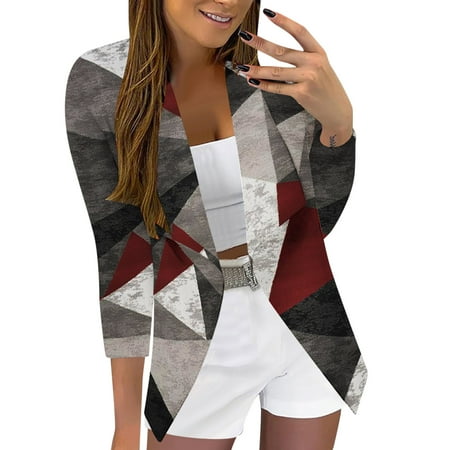 

JDEFEG Wool Blend Overcoat Women Fashion Jacket for Women Casual Print Three Quarter Sleeve Open Front Notched Collar Suit Cardigan Office Ladies Jacket Daily Work Coat Maternity Coat Dark Gray S