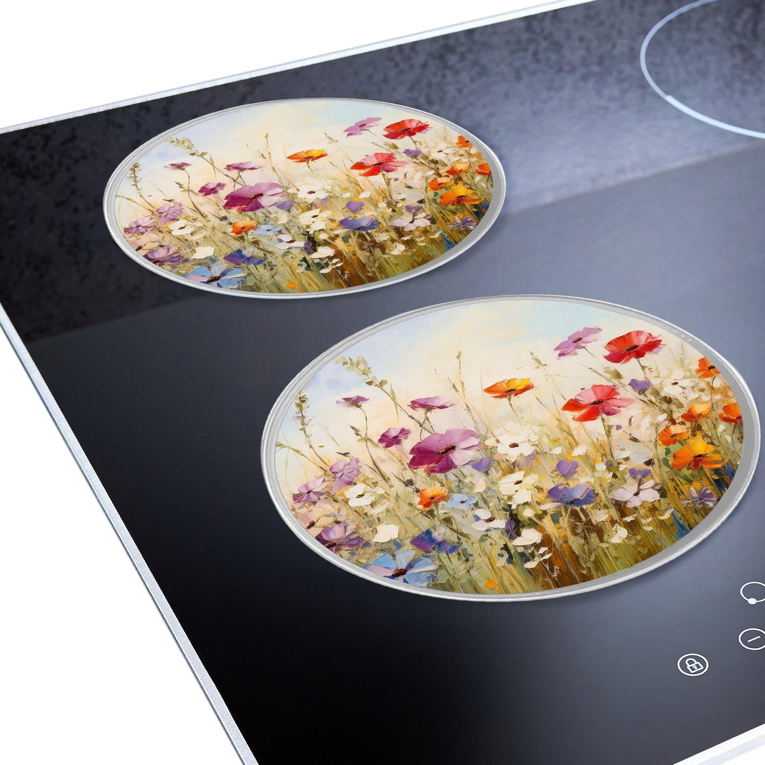 Round Stove Burner Covers 4 Pcs Metal Electric Stove Burner Covers 8Inch And 10Inch ,Daisy Flower Field in The Mountains Red Poppy drawing
