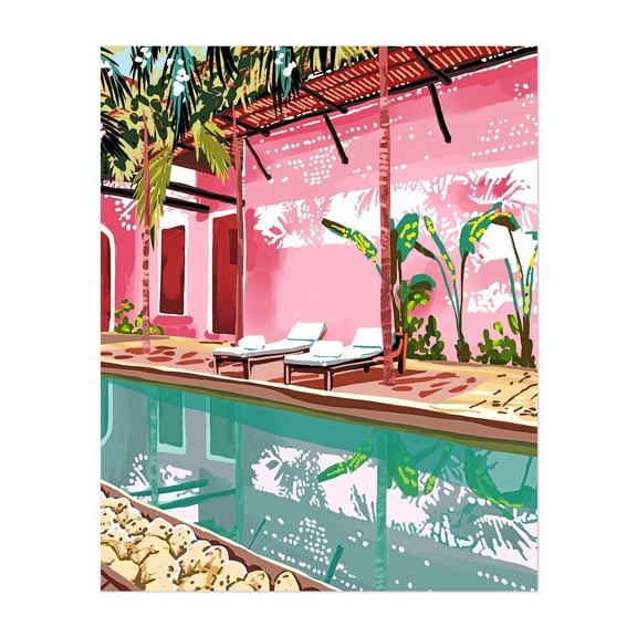 Vacay Villa - Bali Indonesia Painting Tropical Pool Palm Tree Architecture Pastel Minimalist Travel Poster Unframed Wall Art Print 6 x 8 inches