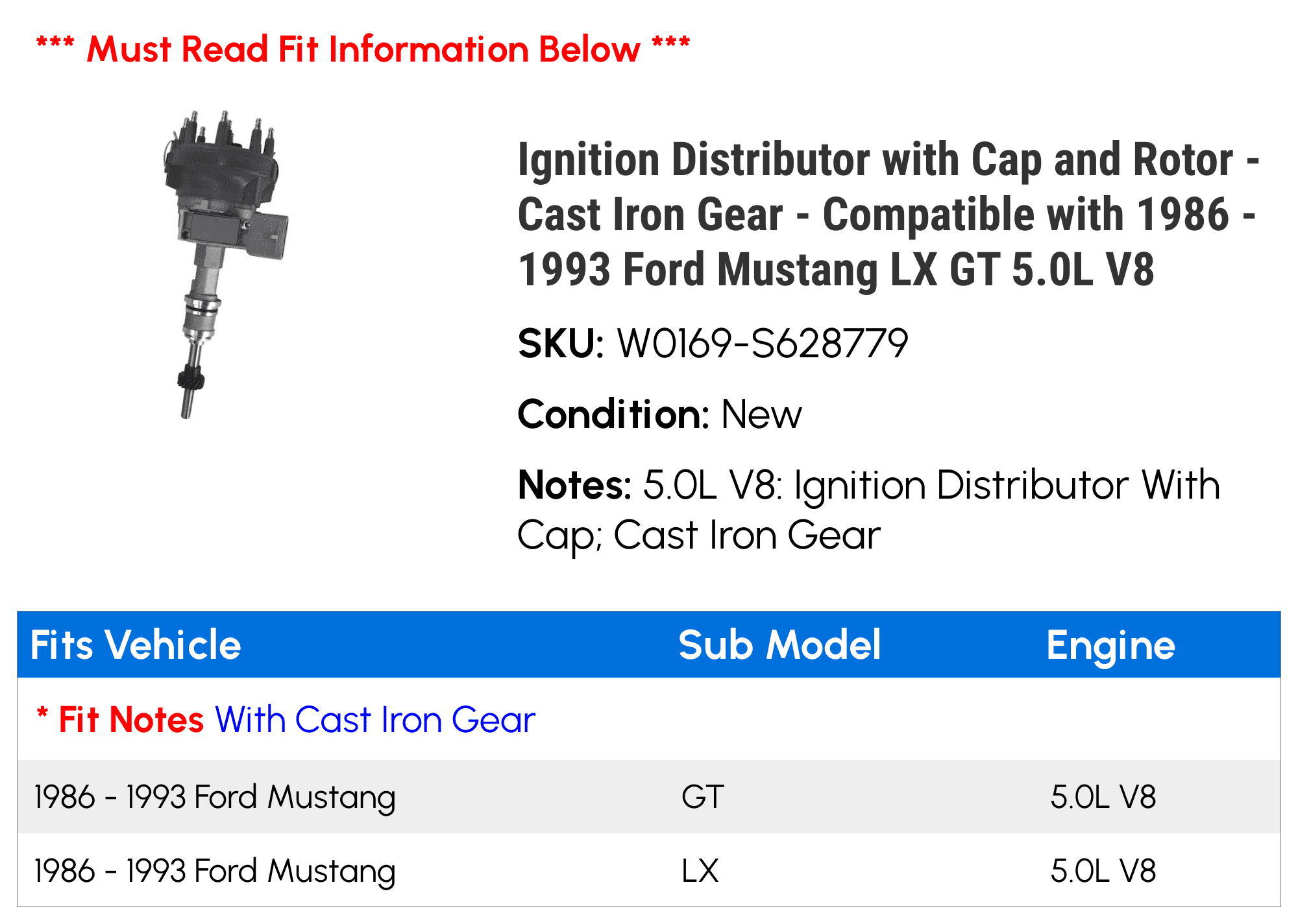 Ignition Distributor with Cap and Rotor - Cast Iron Gear - Compatible with 1986 - 1993 Ford Mustang LX GT 5.0L V8 1987 1988 1989 1990 1991 1992