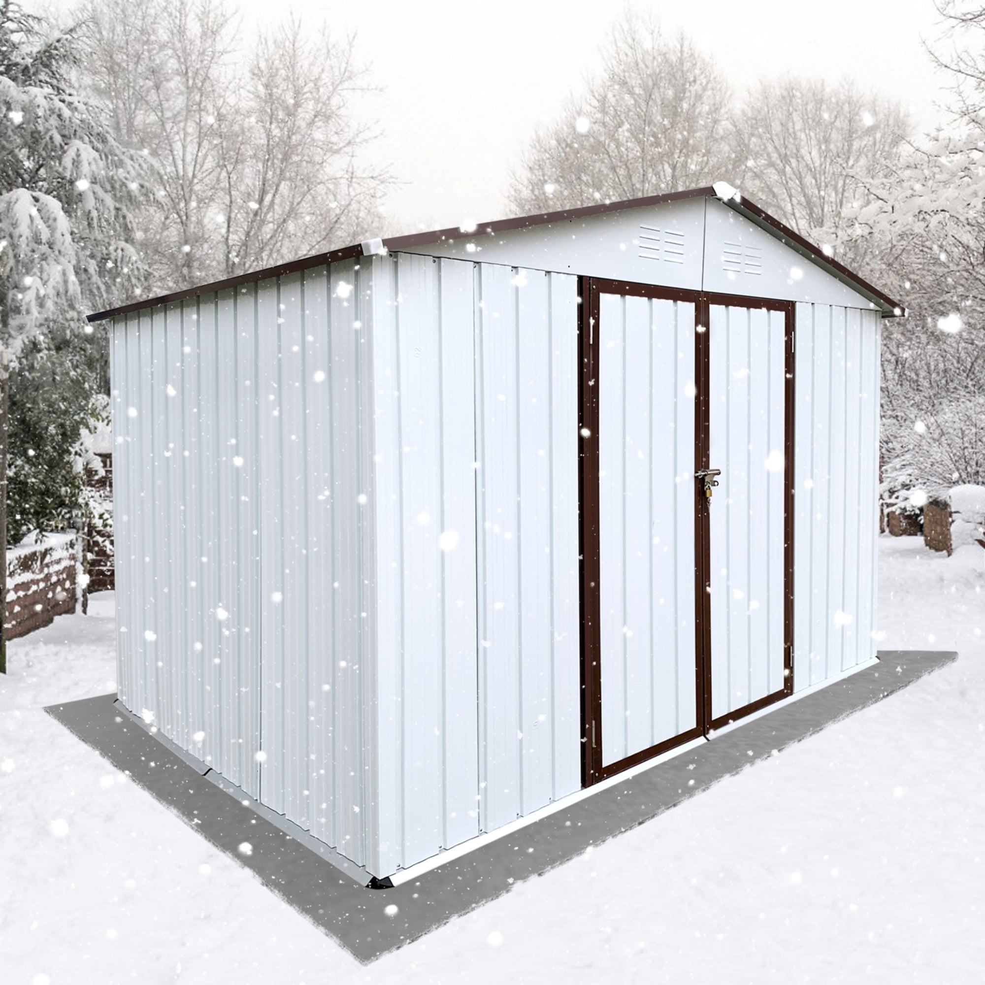 JXXRZ 10x8ft Compact Steel Storage Shed, Weather-Resistant Metal Shed for Garden Tools & Lawn, White&Brown