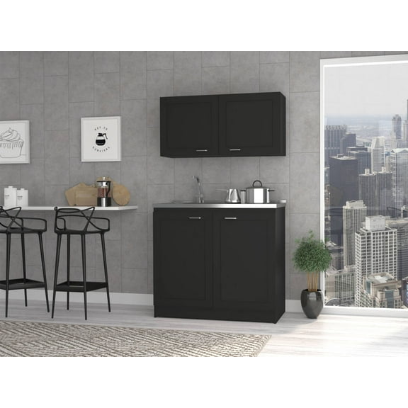 Izzovium Perseus Cabinet Set, Black Kitchen Storage with Double Cabinet (30.8"H x 39.3"W x 20.4"D & 19.2"H x 39.3"W x 12.6"D), Particle Board for Organized Utensils