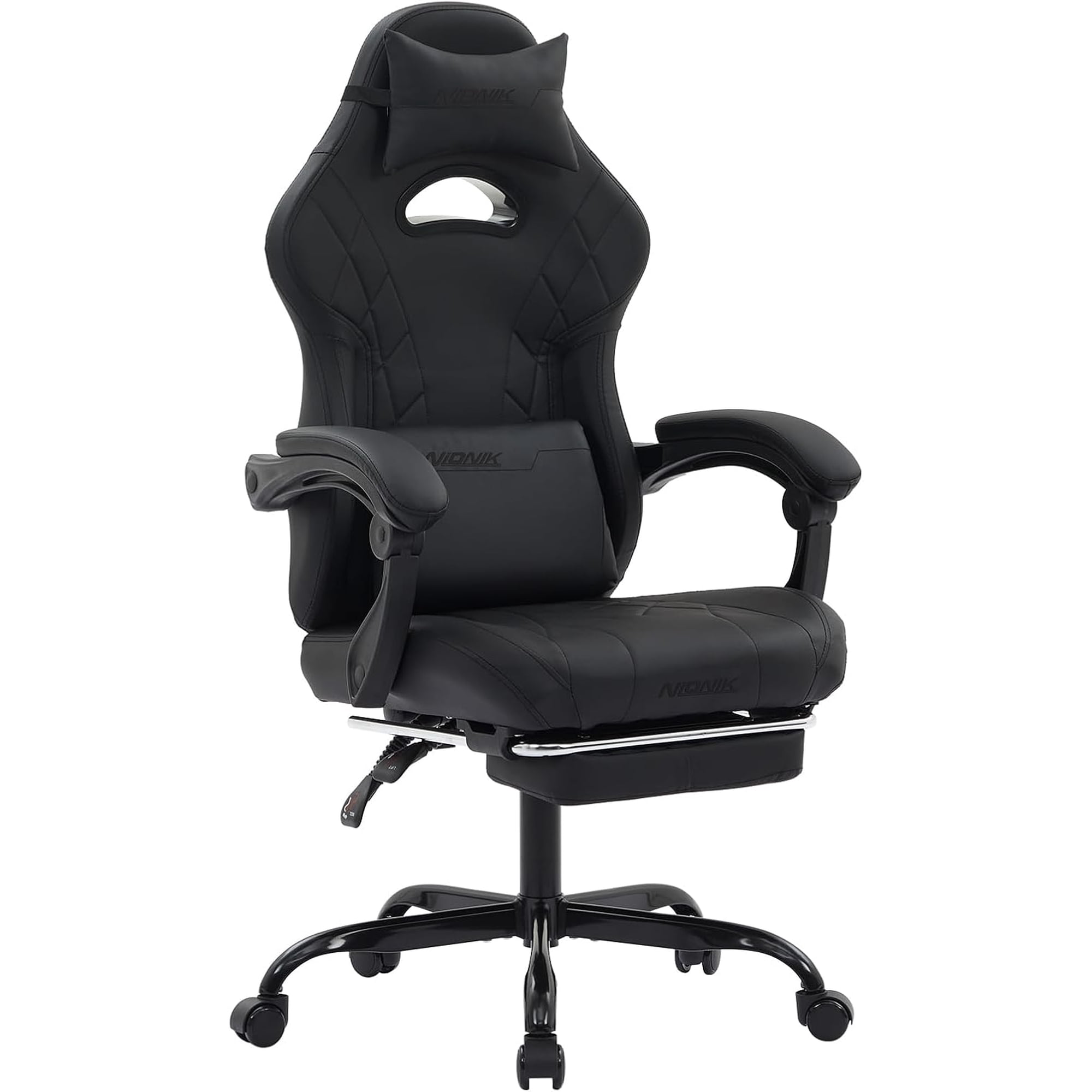 Gaming Chair with Footrest and Massage Lumbar Support, Ergonomic Computer Gamer Chair, Office Video Game Chairs with Adjustable Height and Backrest (Black)