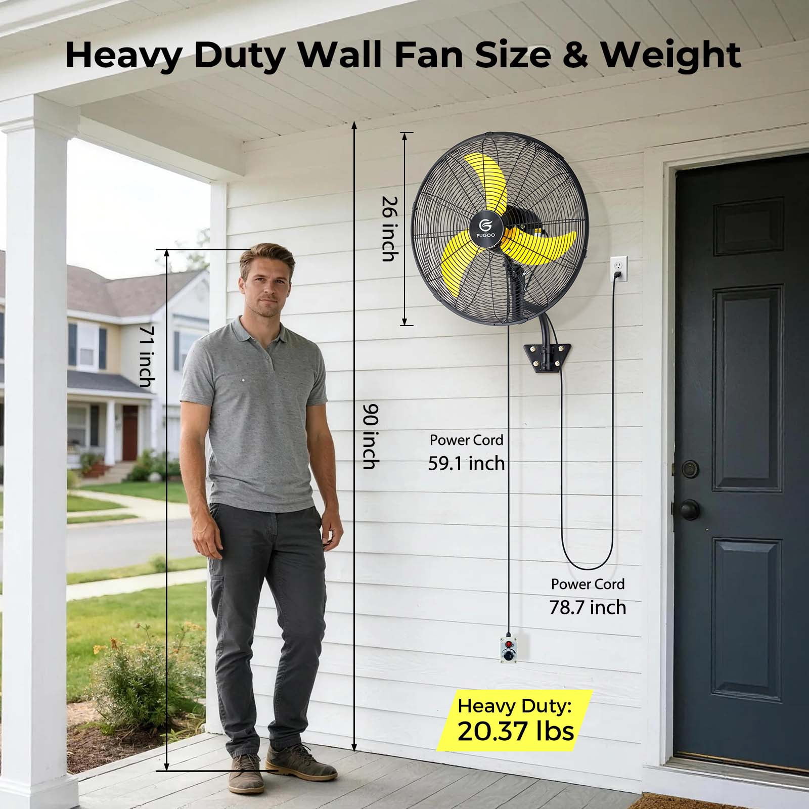 Fugoo 24Inch Outdoor Waterproof Wall Mount Fan, Quiet Oscillating, 4-Speed, Remote Control, 1800-6000 CFM