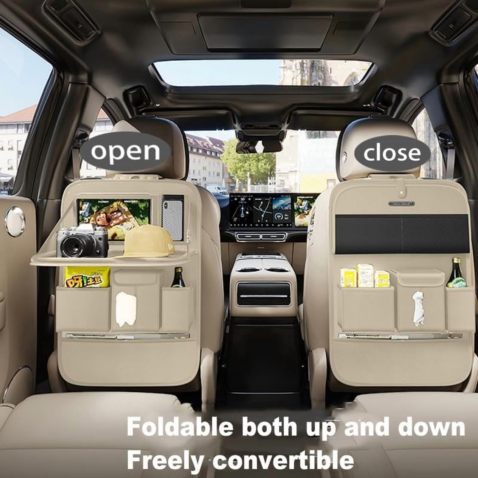 Back Seat Car Organizer 1 Pack,Backseat Organizer with Tray,Multifunctional Car Seat Back Storage Box with Foldable Tablet Holder (Beige, Plain weave)