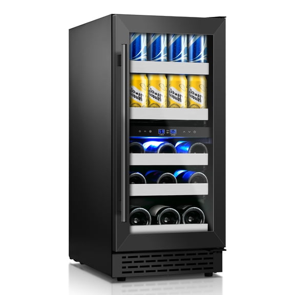 15 Inch Beverage Refrigerator,13 Bottle & 48 Cans Under Counter Black Beverage Fridge with Low-Noise Compressor,Wine Cooler with Dual Independent Temperature Zones for Kitchen Home