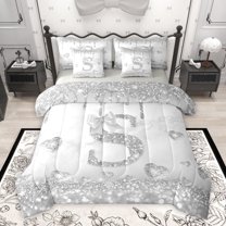 Manfei Fashion Initial S Letter Bedding Comforter Set 7 Pieces, Glitter Diamond Love Heart Full Bedding Set, Princess Grey Bowknot Reversible Fitted Sheet Flat Sheet, Luxury Bedroom Decor