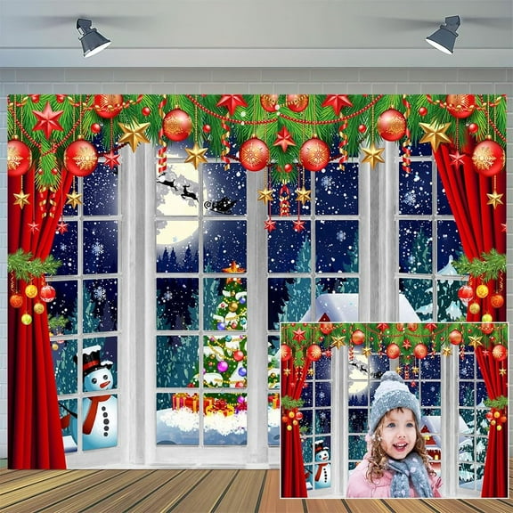 Christmas Window Backdrop Winter Snow Snowmen Scene Xmas Tree House Cabin Gift Reindeer Party Decorations Banner Photography Backdrops Holiday Decorations Photo Booth Backdground Props 10X8FT