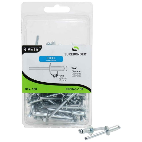 Surebonder FPC86S-100 Heavy Duty Short Steel Pop Rivets - 1/4" Diameter, 3/8" Grip - Professional Rivets for Machinery, Metal Repairs, and DIY Projects, 100 Count