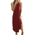 thumbnail image 1 of Robes d'Été pour Femmes Col Rond Couleur Unie Robe Fendue Sans Manches Décontractée Ample Plage Robe Longue, 1 of 5