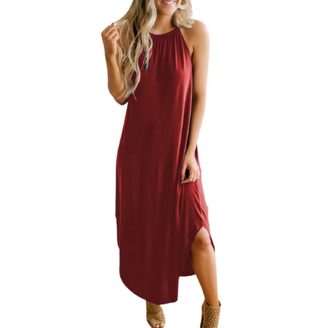 Robes d'Été pour Femmes Col Rond Couleur Unie Robe Fendue Sans Manches Décontractée Ample Plage Robe Longue