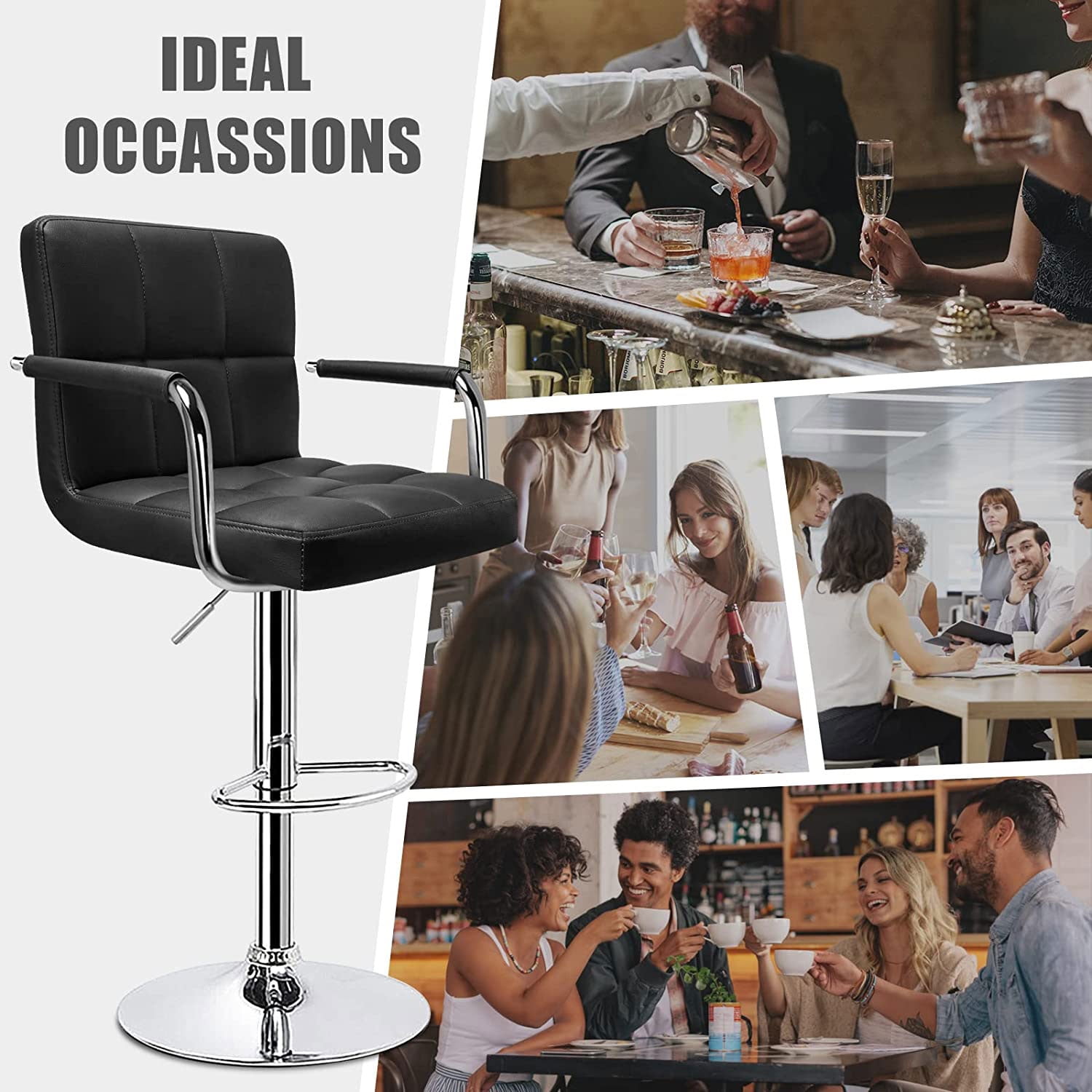 Soontrans Bar Stools Set of 2 Swivel Counter Height Stools with Arms and Back, Adjustable Island Chairs for Kitchen, Modern Barstools with Backrest and Armrest(Black, 2Pcs)