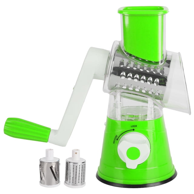 cortador de verduras con manivela, rallador de frutas giratorio, cortador triturador, accesorio de cocina para el hogar, verde Base verde de ABS con ventosa y perilla de bloqueo, tambor cilíndrico de acero inoxidable en carcasa transparente, manivela blanca con mango verde, embudo superior y tres rodillos intercambiables; ideal para picar verduras, frutas o carne y preparar rellenos o comida para bebés.