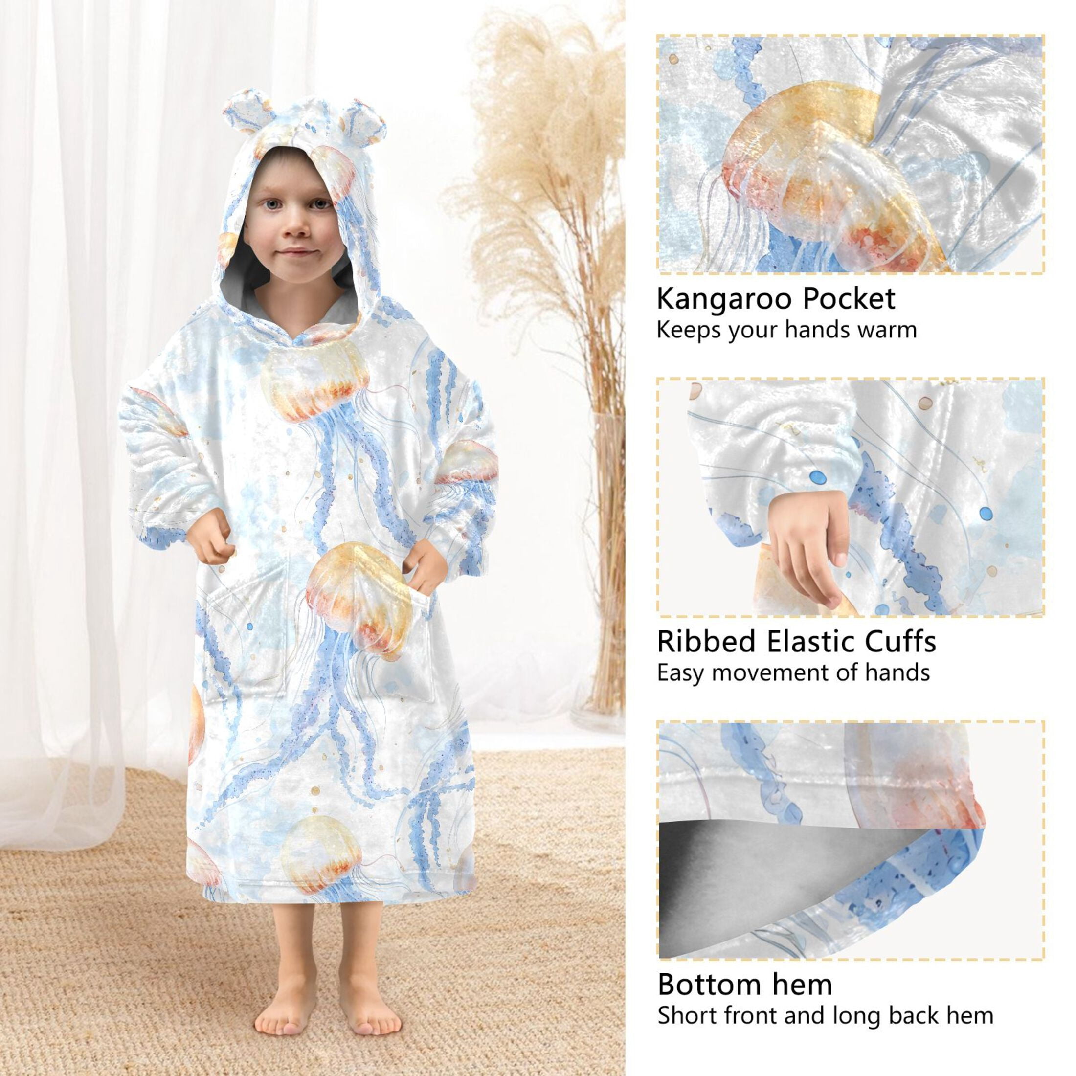joogoo Blanket Hoodie for Watercolor Jellyfish Pattern Oversize Sweatshirt 3-14 YR L