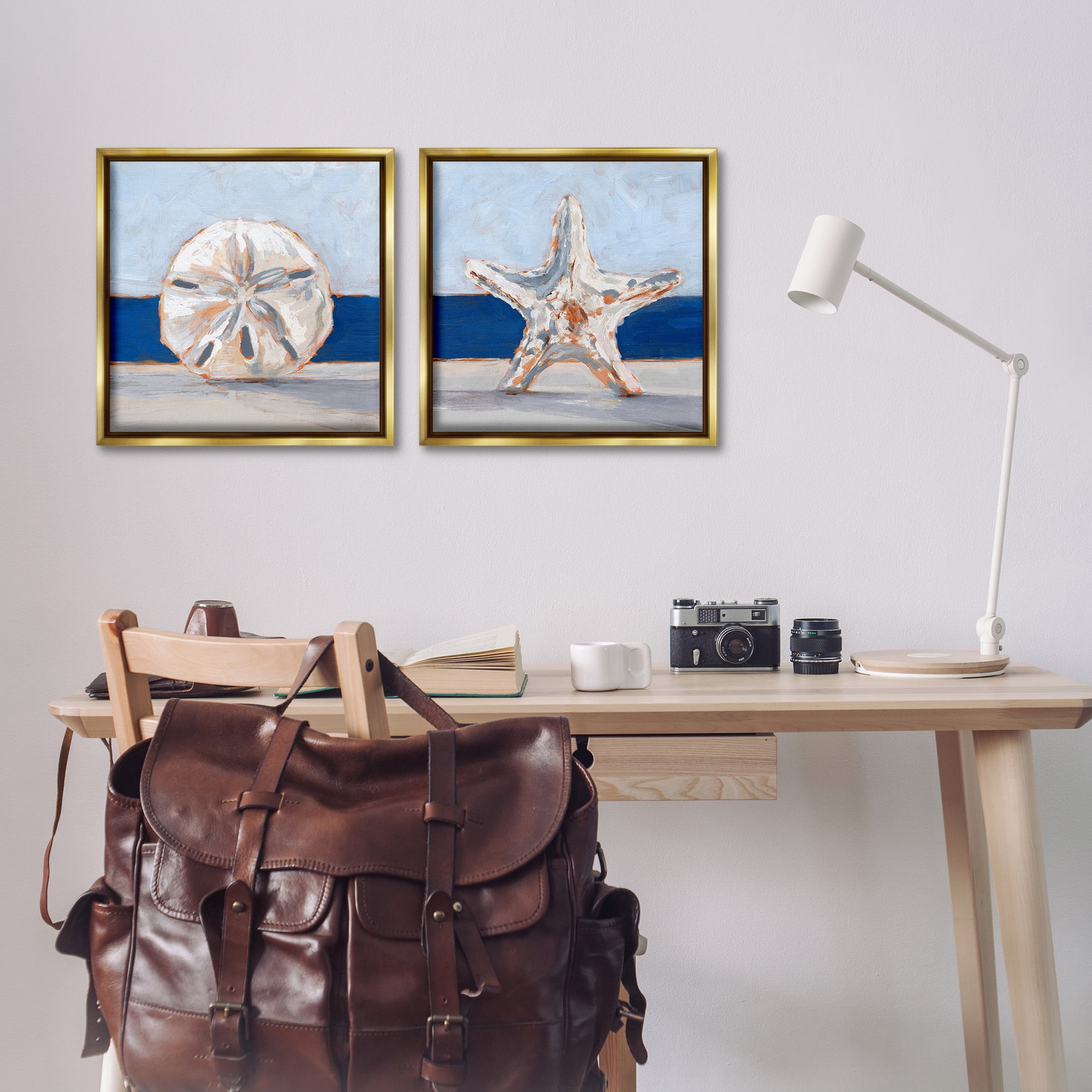 Stupell Industries Sea Life Starfish Seashell Painting Nature Painting Gold Floater Framed Canvas Art Print Wall Art, 18 x 18, Set of 2