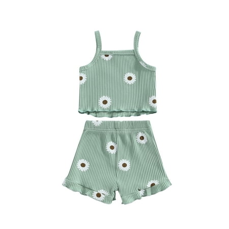 

Summer Newborn Baby Girls Clothes Sets Ribbed Knitted Sleeveless Tanks Tops+Ruffles Shorts Outfits