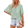 thumbnail image 2 of Txlixc Blusa informal para mujer, cuello en V, manga acampanada, textura de flores, botones, camisa suelta con volantes para mujer Txlixc  Moda, 2 of 5