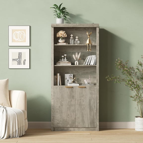 3 Tier Bookcase,Farmhouse Book Shelf with Drawer and Doors,70.9"Wooden Storage Cabinet,3 Tier Display Shelves for Home Office, Living Room