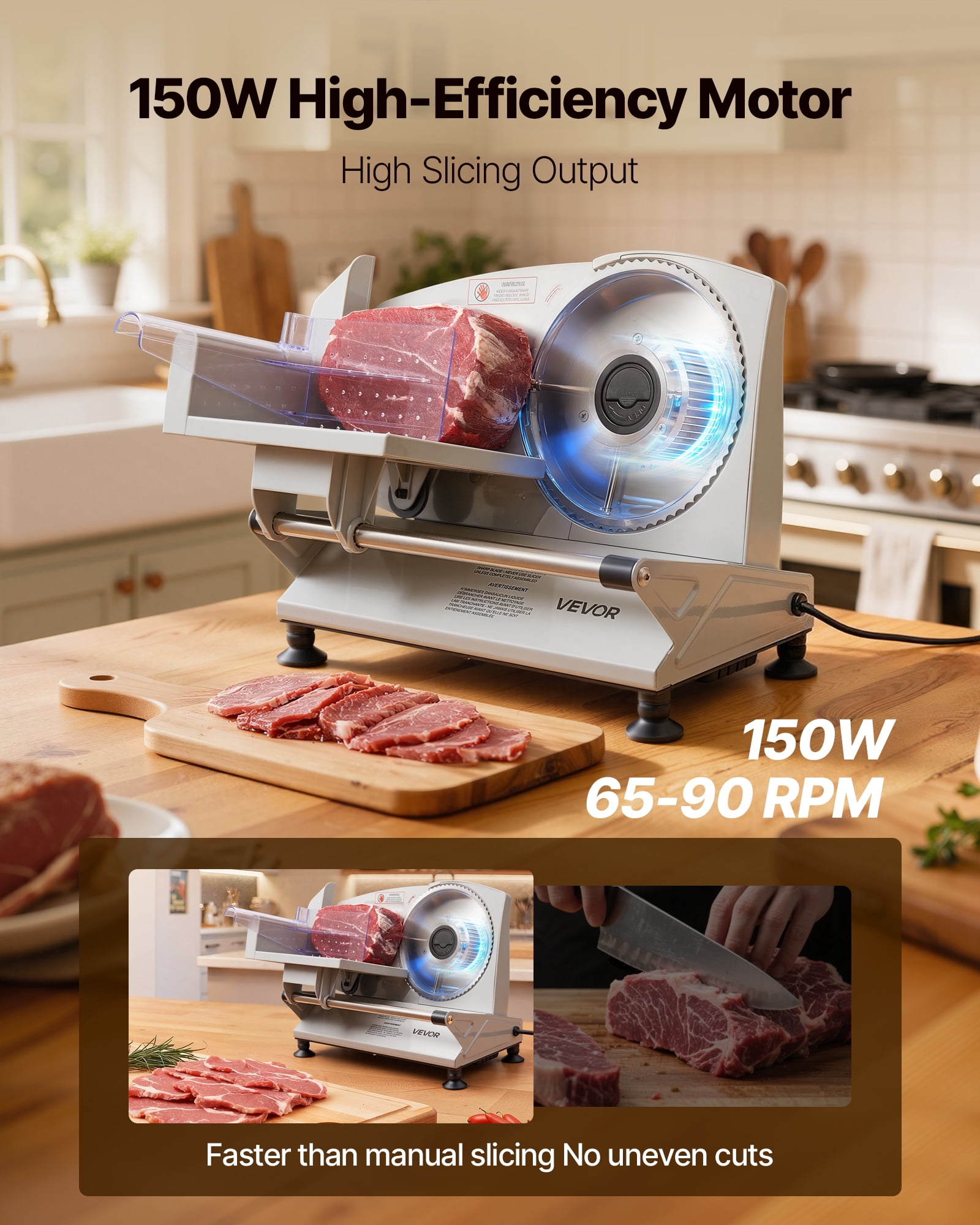 VEVOR Meat Slicer, 6.7 inch 150W Electric Deli Slicer Machine with two SUS420 Blades,  0-0.6 inch Adjustable Thickness, ETL Certified Home Food-Slicer for Meat, Ham, Baguett, Steak, ETL Approved