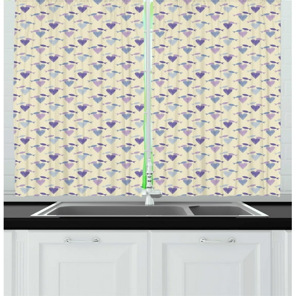 Fish Curtains 2 Panels Set, Stripey Hearts and Fish Icons Creative Romantic Underwater, Window Drapes for Living Room Bedroom, 55"W X 39"L,Eggshell Blue Violet Lilac Ceil Blue, by Ambesonne