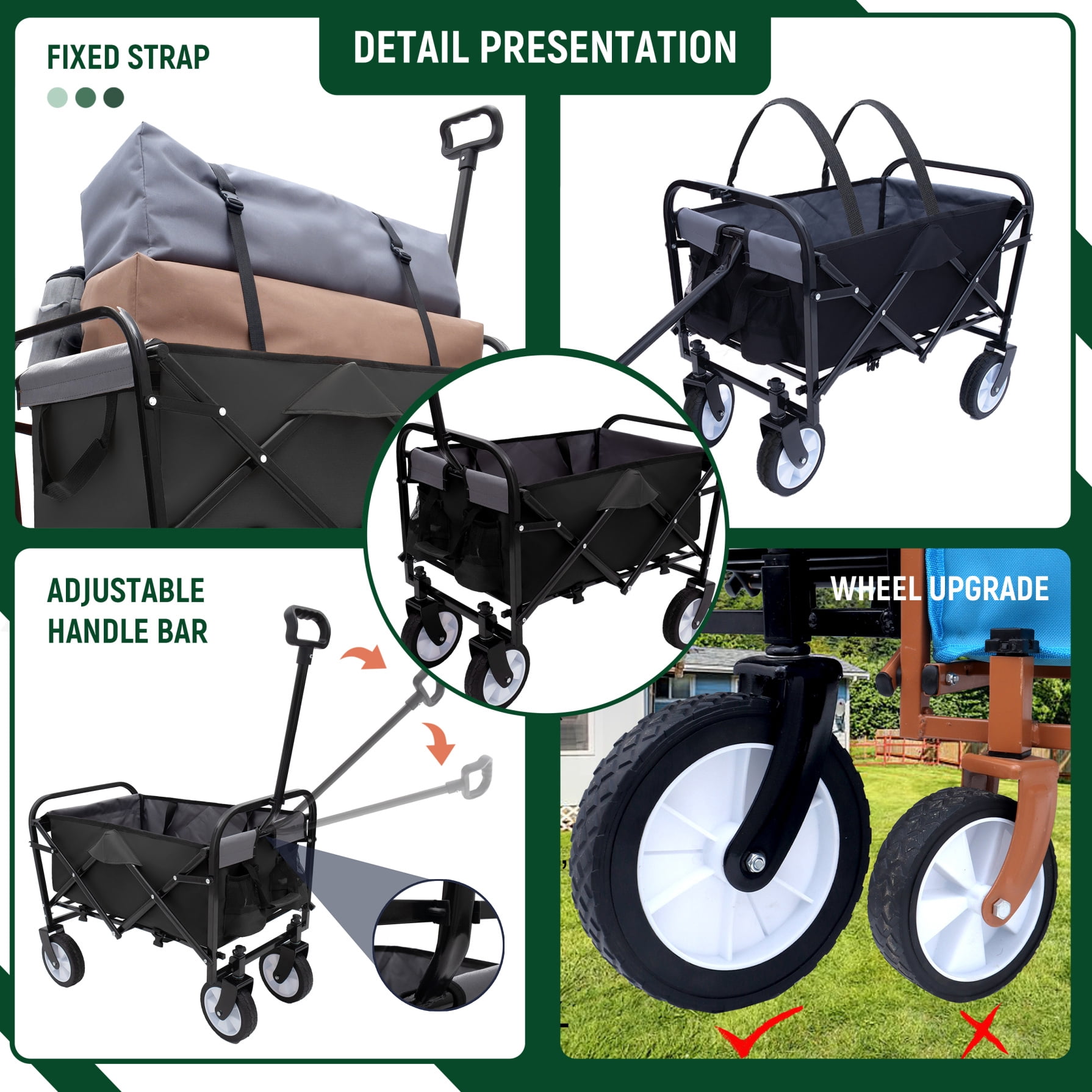 Utility Wagon Cart Foldable with Strapping System, Heavy Duty 225lbs Capacity, Lightweight Collapsible Design, Utility Cart, beach wagon with 360° Swivel Wheels for Beach, Camping, Shopping, Black
