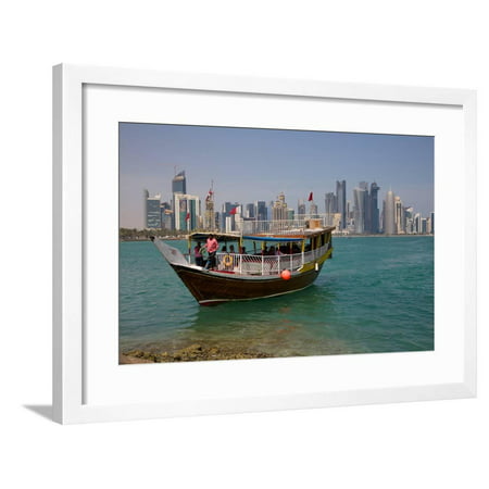 Small Boat and City Centre Skyline, Doha, Qatar, Middle East Framed Print Wall Art By Frank