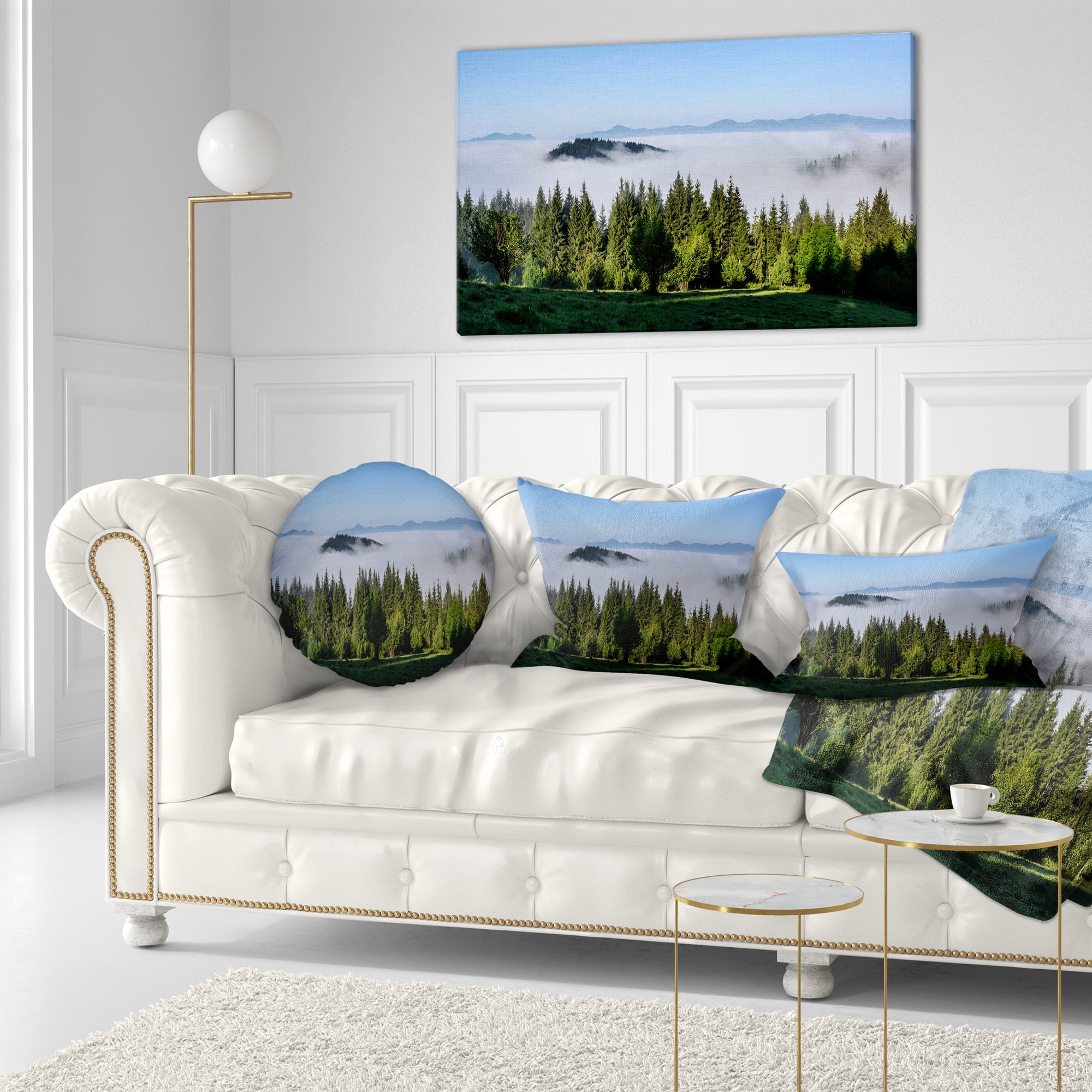 Designart Green Trees and Fog Over Mountains - Landscape Printed Throw Pillow - 12x20