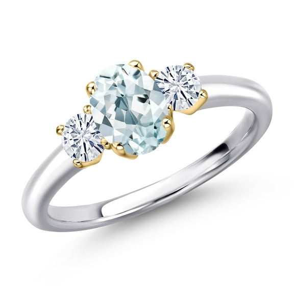 Gem Stone King 925 Silver and 10K Yellow Gold Sky Blue Aquamarine and White Moissanite Engagement Ring for Women | 1.07 Cttw | Oval 7X5MM | Gemstone March Birthstone | Size 5