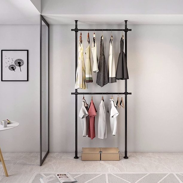 2 Tier Black Clothes Rack for Hanging Clothes Floor to Ceiling Clothes ...