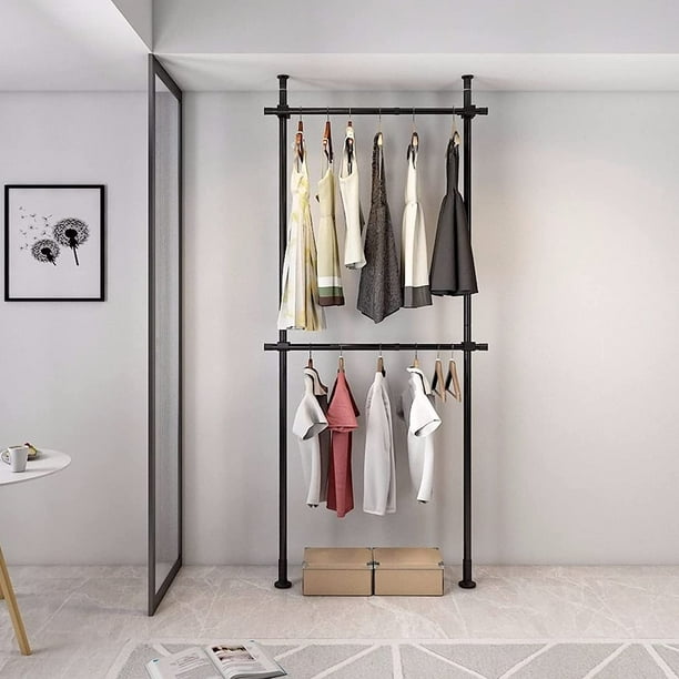 2 Tier Black Clothes Rack for Hanging Clothes Floor to Ceiling Clothes