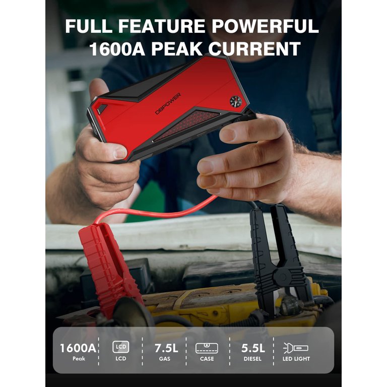 DBPOWER DJS90 1600A Peak 18000mAh Portable Car Jump Starter for Up to 7.2L Gas 5.5L Diesel Engines, Red