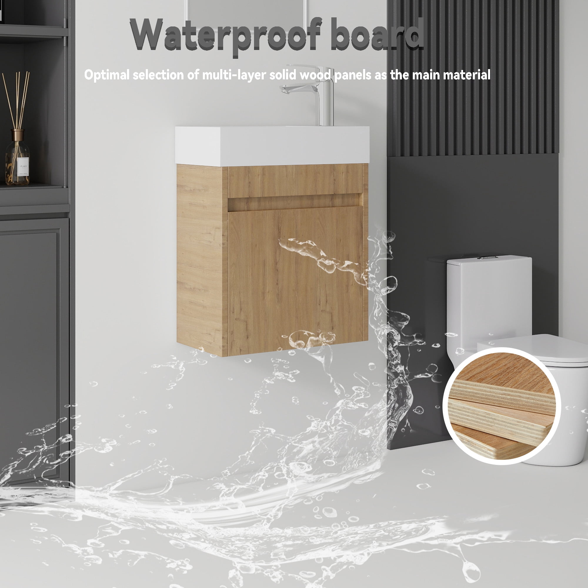 Leumius 18" Floating Bathroom Vanity with Ceramic Sink,Modern Wall Mounted Basin Cabinet with Soft-Close Doors for Small Bathrooms,Oak