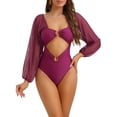 thumbnail image 1 of Bikini de una pieza con escote en V, mangas largas, malla y control de abdomen, color púrpura oscuro, talla mediana, 1 of 5