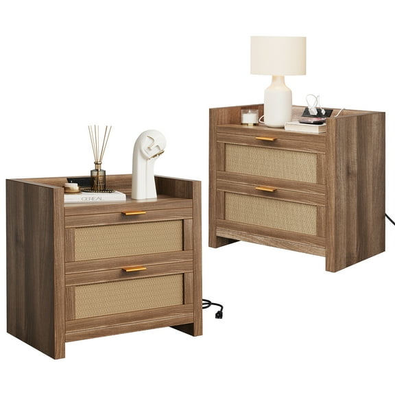 GarveeHome Nightstands Set of 2, Rattan Night Stand with Charging Station, Side Table with 2 Made Rattan Decorated Drawers, Modern Bedside Stand for Bedroom, Living Room (Natural Oak)