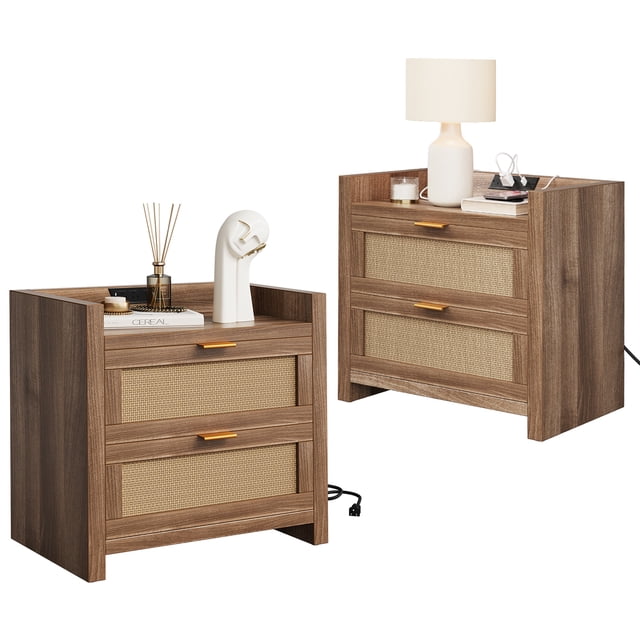 Nightstands Set of 2, Rattan Night Stand with Charging Station, Side Table with 2 Made Rattan Decorated Drawers