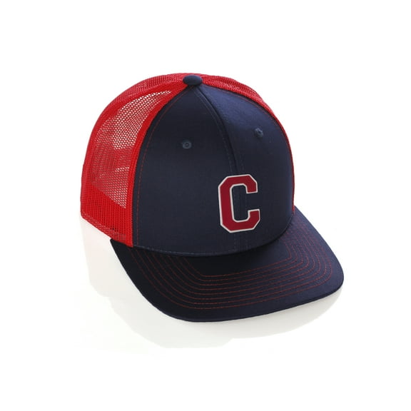 Structured Trucker Mesh Hat Custom Colors Letter C Initial Baseball Mid Profile (Navy Red White Red)