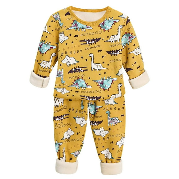 Odeerbi Kids Boys Long Johns Fleece Lined Thermal Underwear Set Base Layer Set Children's Baby Cartoon Print Pajama Set Padded Thickened Pajamas Fall Winter Clothes Yellow