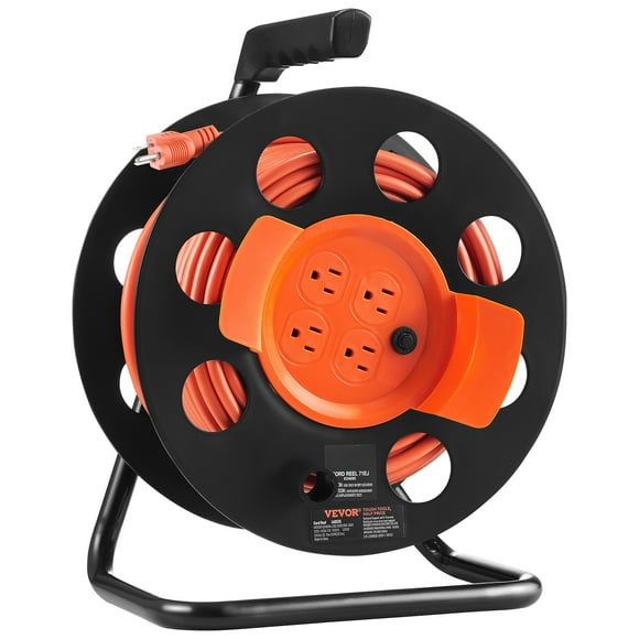 VEVOR Extension Cord Reel, 100FT, with 4 Outlets and Dust Cover, Heavy Duty 12AWG SJTOW Power Cord, Manual Cord Reel with Portable Handle Circuit Breaker