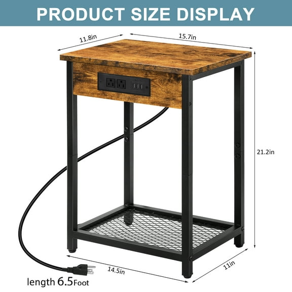 Oumilen Adult Nightstand End Table with Charging Station Rustic Brown, Set of 2