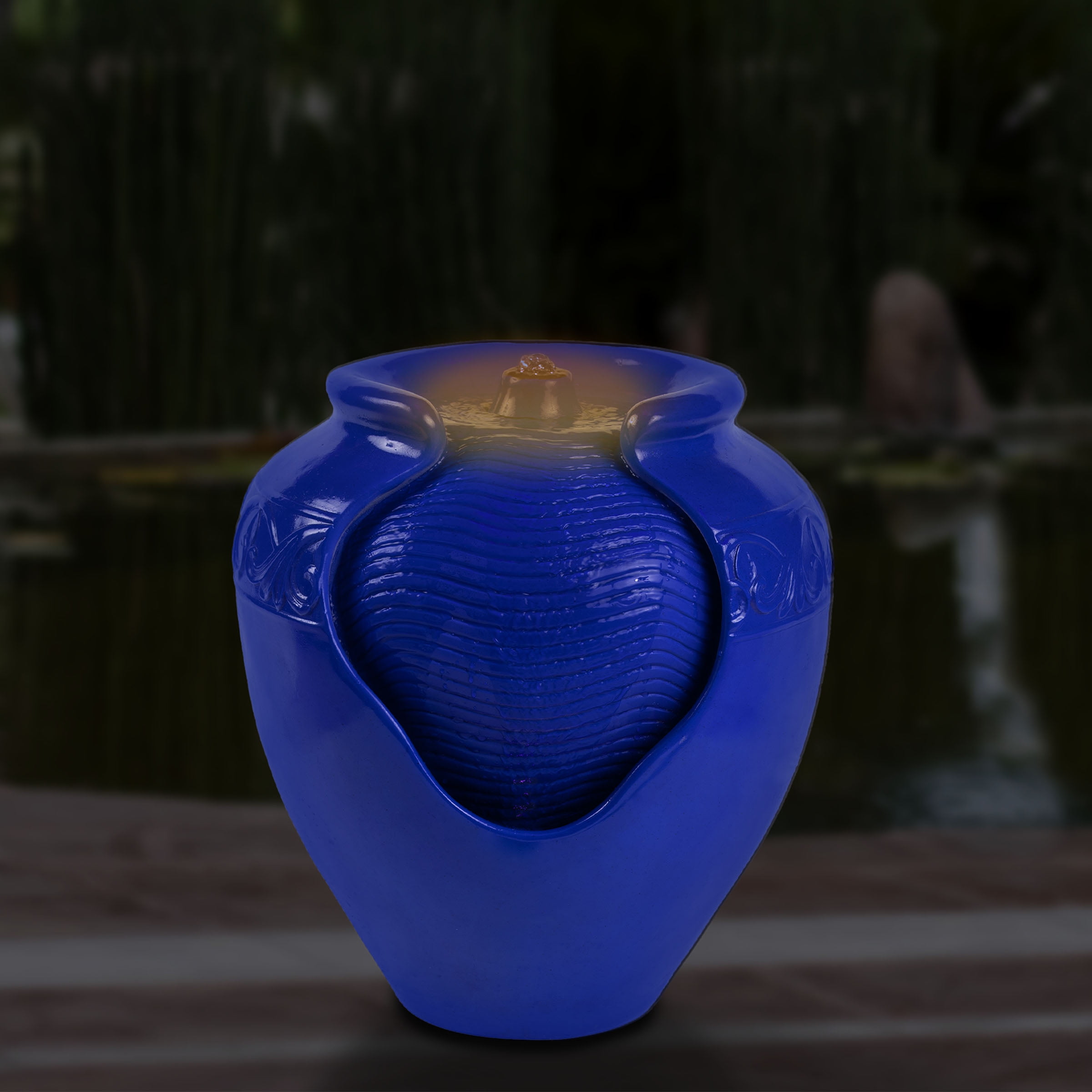 Pure Garden Jar Water Fountain – Indoor or Outdoor Water Feature with Electric Pump and LED Lights by Pure Garden (Cobalt Blue)