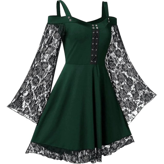 Vestido gótico renacentista para mujer, vestidos de manga trompeta de encaje con hombros descubiertos, vestido Medieval Steampunk, disfraz de Halloween
