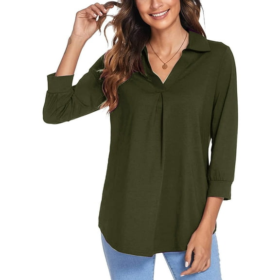 2026 ! JINMGG 2026 Summer Womens Tops Womens Plus Size $5 Fashion Woman V Neck Three Quarter 3/4Sleeve T Shirt Autumn Solid Blouse Tops Sweatshirt