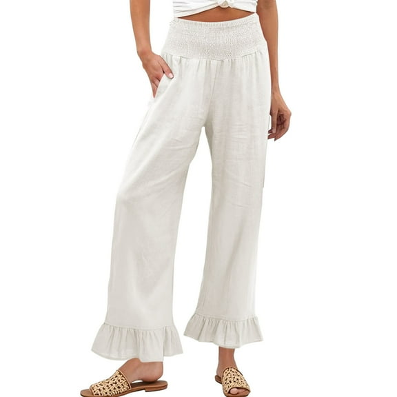 Endives Women's Linen Pants Ruffle Wide Leg Pants Smocked Waist Palazzo Pant Boho Flowy Beach Pant With Pockets