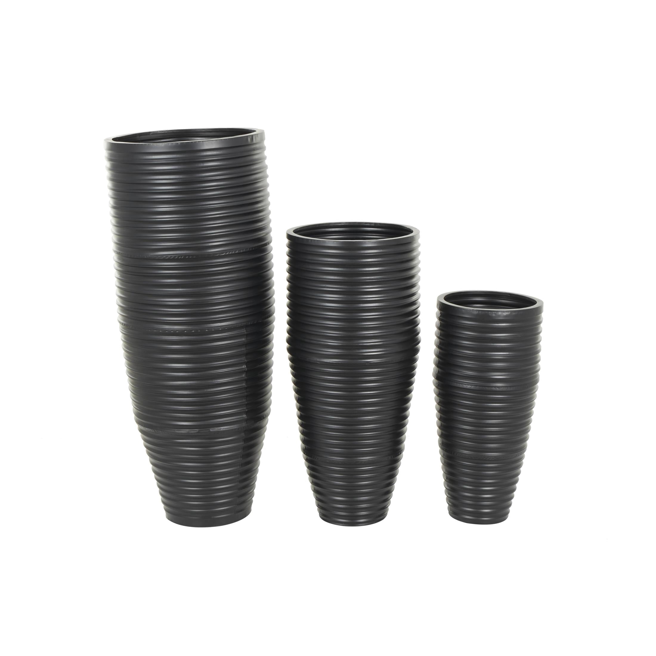 DecMode 46", 35", 27"H Ribbed Tall Floor Black Metal Vase with Horizontal Grooves, Set of 3
