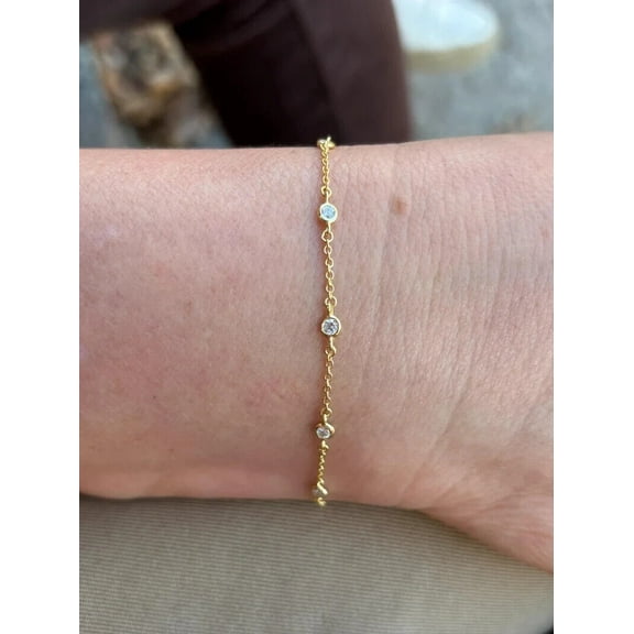 4Ct Round Cut Lab-Created Diamond Birthday Gift For Her Bezel Station Chain Bracelet 14K Yellow Gold Plated Silver 7"