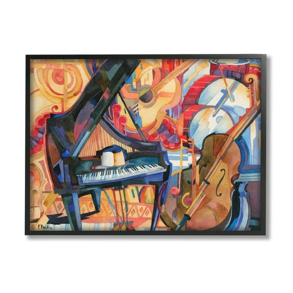 Stupell Industries Big City Music Piano Cubism Painting Black Framed Art Print Wall Art, Design by Paul Brent