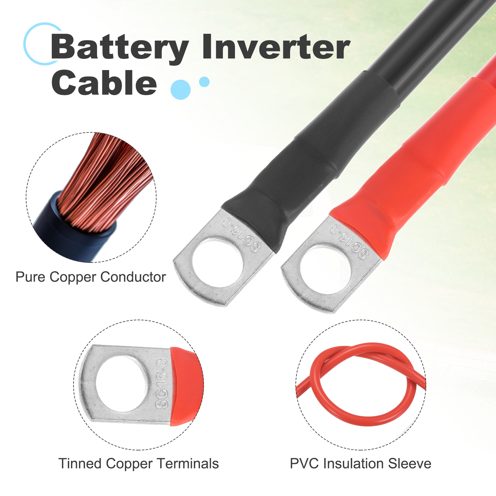 Uxcell 2 PCS 6 AWG Gauge Battery Cable Wire 3FT Length 5/16" Diameter Positive and Negative Copper Alternator Connector Extender with SC Terminals for Car RV Golf Cart Marine, Red Black