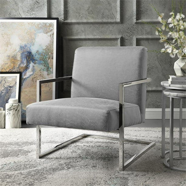 Posh Living Xzavier Faux Leather Accent Chair in Light Gray/Chrome
