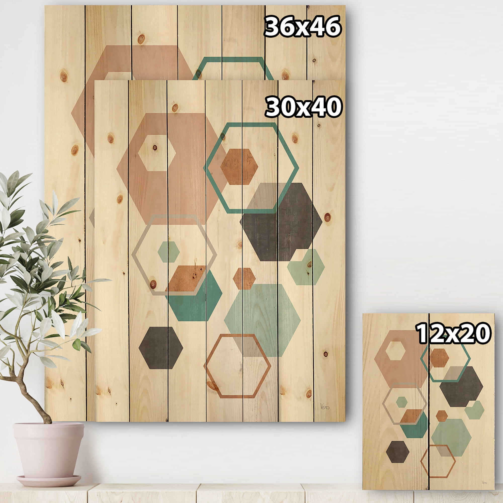 Designart 'Geometric hexagons Pattern VII' Transitional Print on Natural Pine Wood